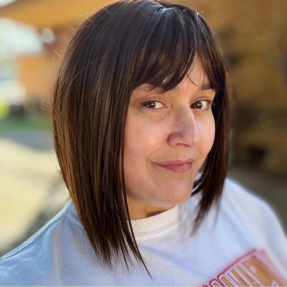 HUMAN HAIR TOPPER WIG LONG STRAIGHT BROWN CLIP IN GUC BANGS